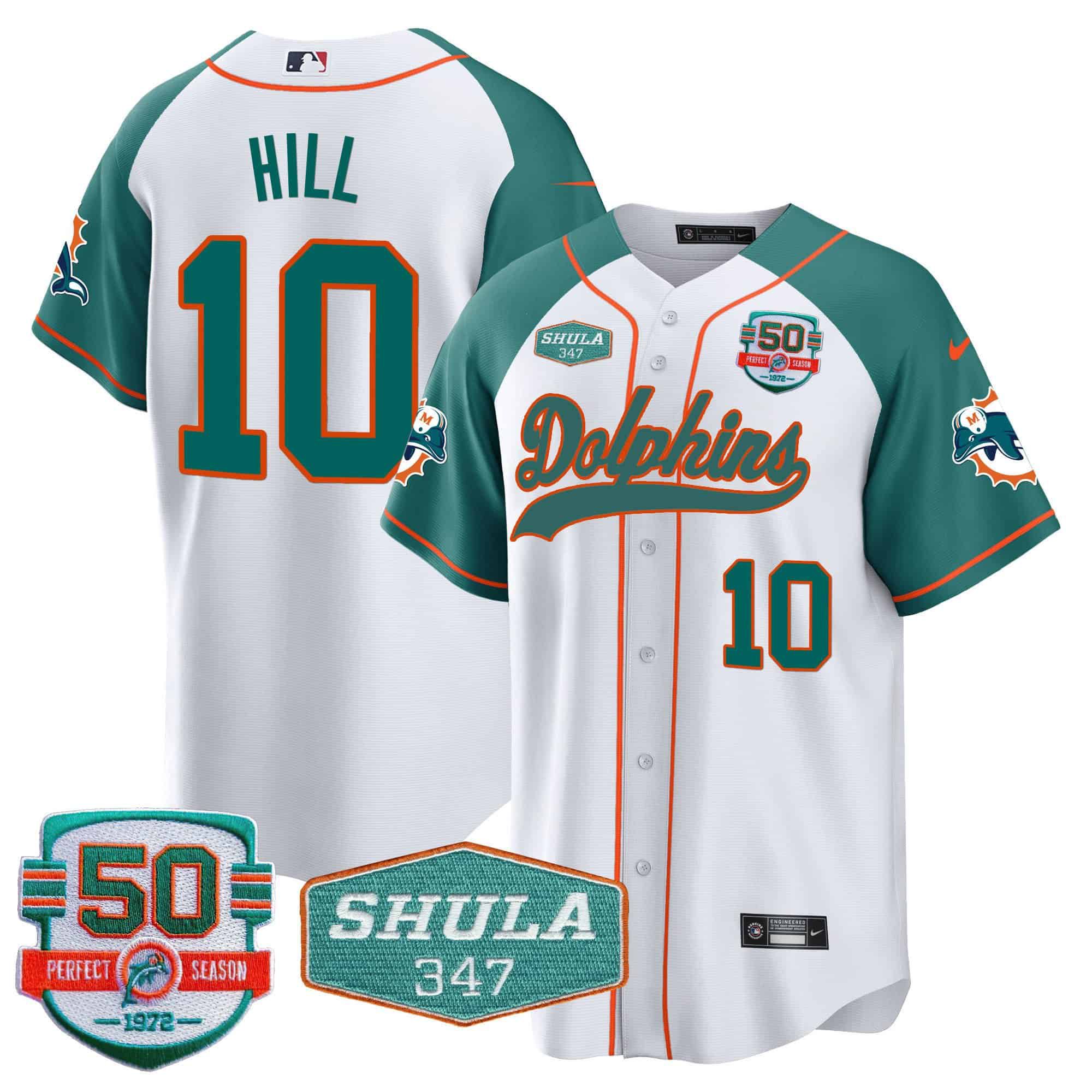 Men Miami Dolphins #10 Hill White 2024 Nike 50th Don Shula Memorial Patch Baseball NFL Jersey style 1